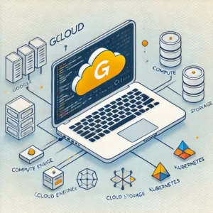 DALL·E 2024-12-11 23.22.11 – An educational and visually appealing illustration showcasing the Google Cloud CLI (Gcloud) tool. The image includes a laptop with a terminal interfac